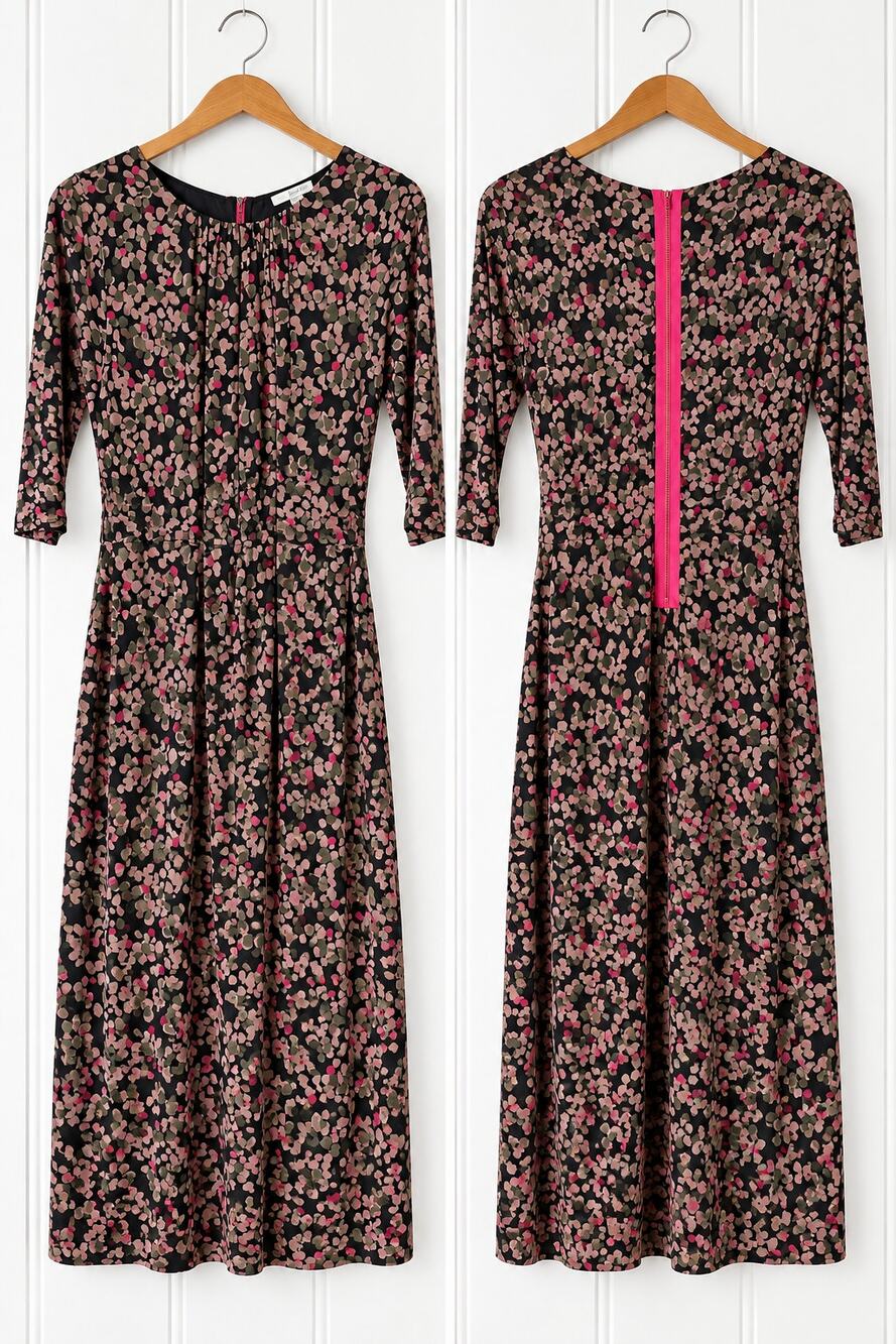 Boden Sophia Pop Petals Floral Tencel Dress Pink Size 8 Pleated 3/4 Sleeve